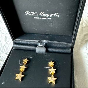 10K Gold and CZ Triple Star Dangling Earrings